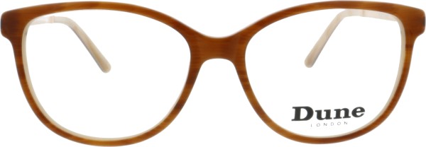 Moderne coole Damenbrille von der Marke Dune London in den Farben braun und beige.