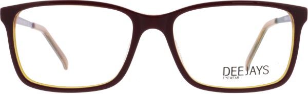 Schöne schlichte Kunststoffbrille für Damen und Herren in der Farbe lila gelb mit braunen Bügeln